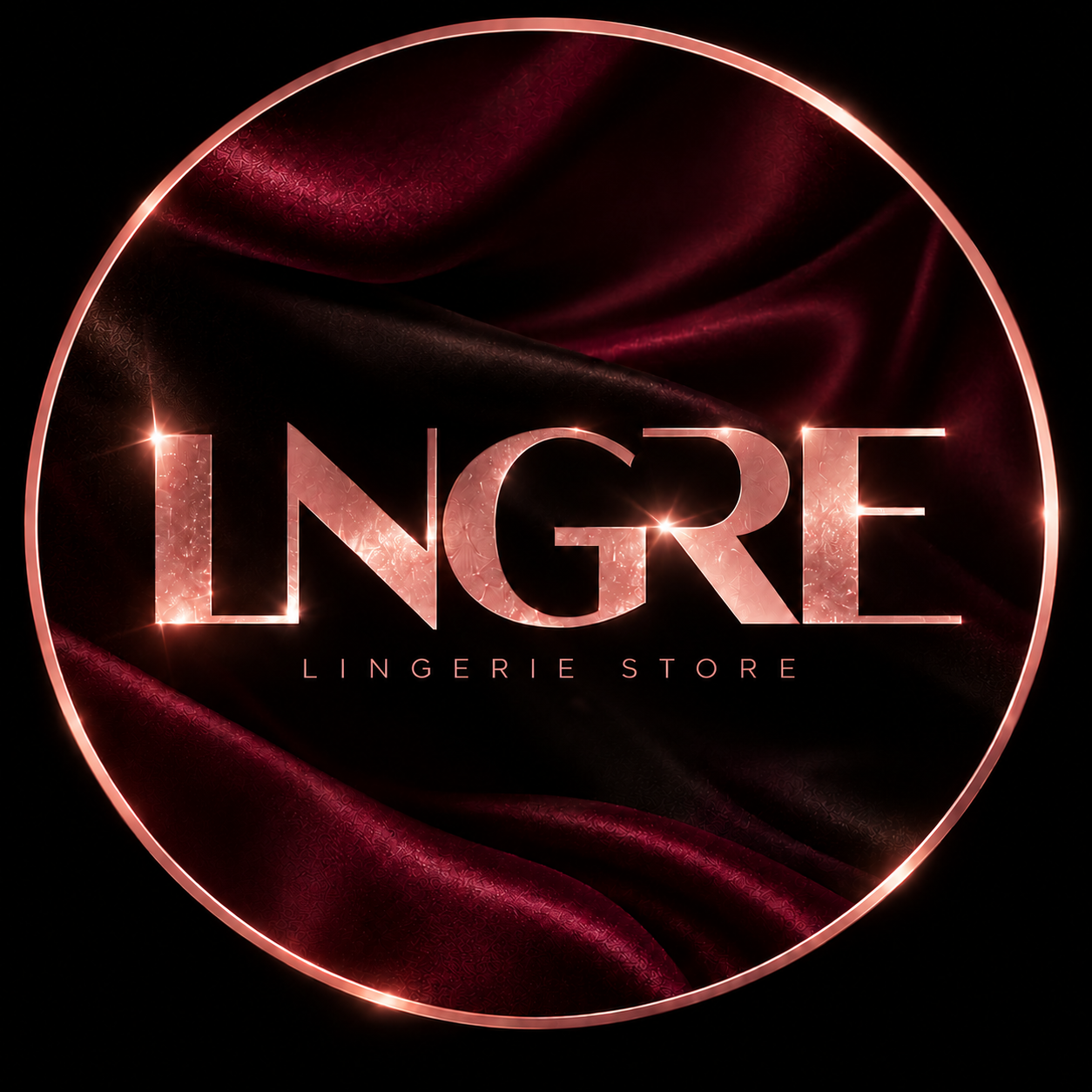 LNGRE rose gold emblem against black and burgundy fabric