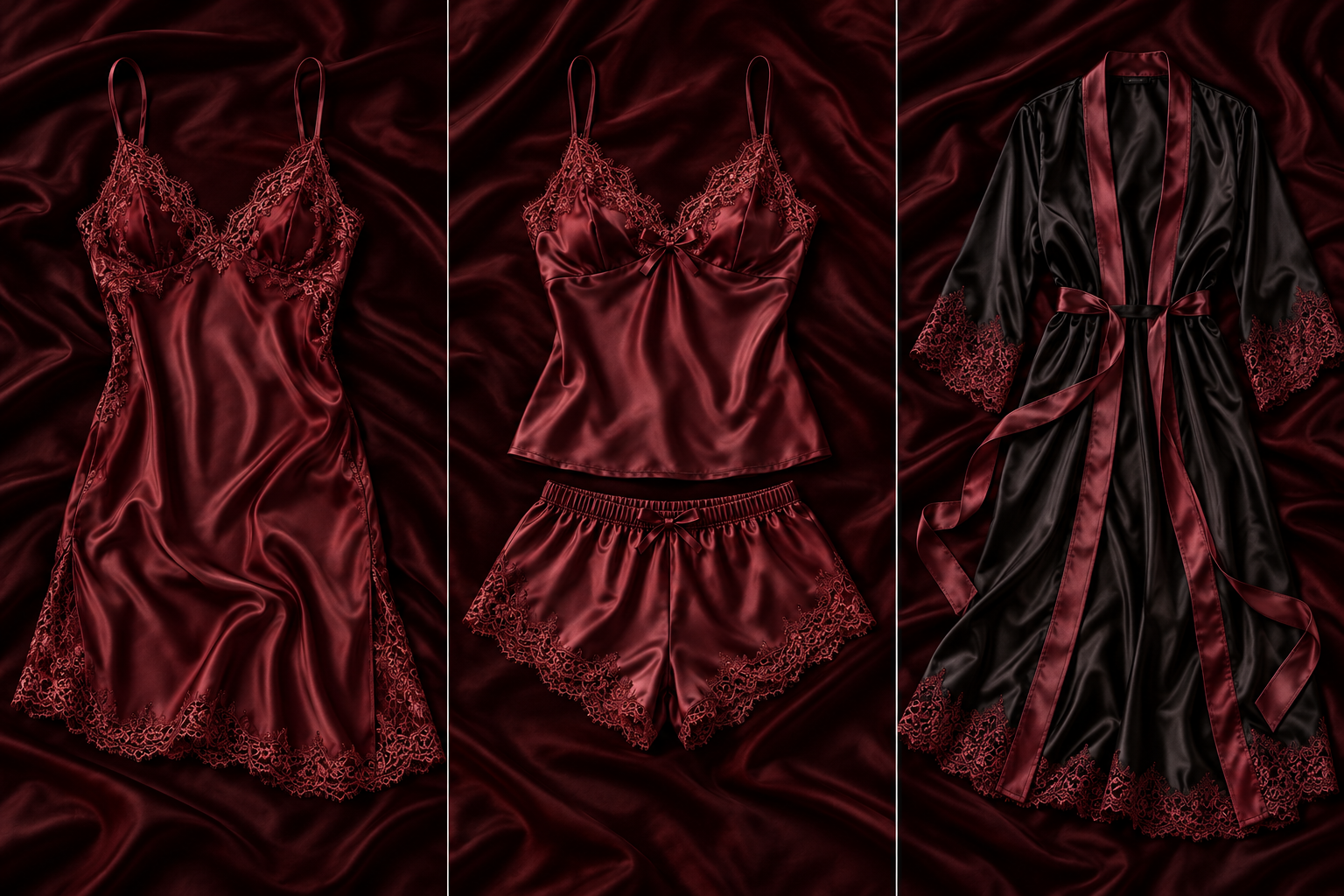 Concept flat-lay of lingerie, a two-piece set and a robe; no people